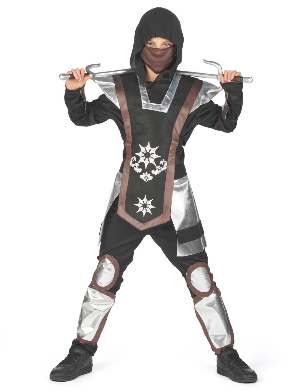Vorderansicht mit dem Zubehör des Ninja-Kostüms für Jungen