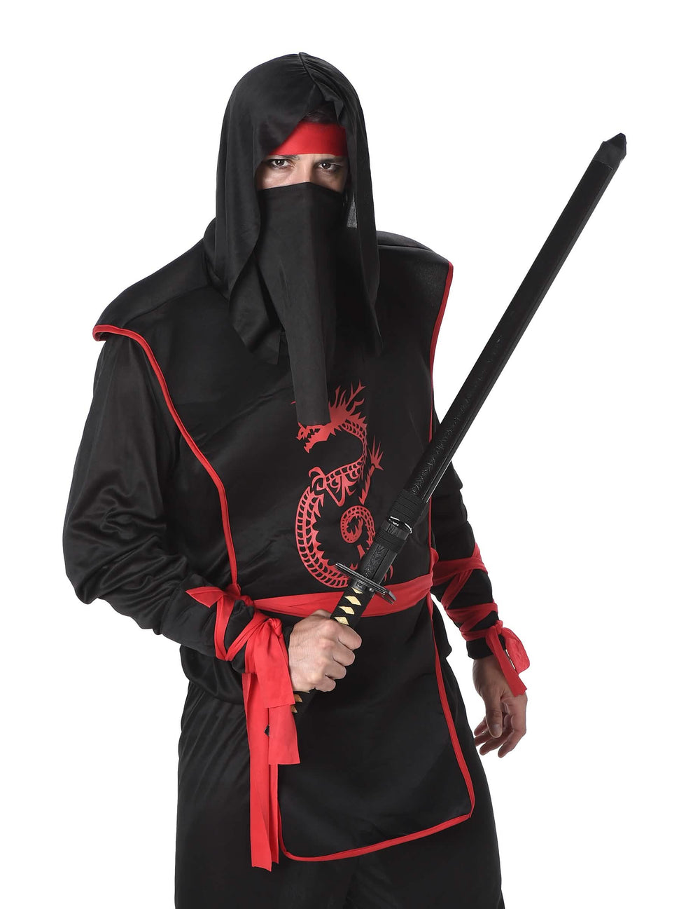 Nahaufnahme der Maske und des Schwerts des Ninja-Kostüms für Herren