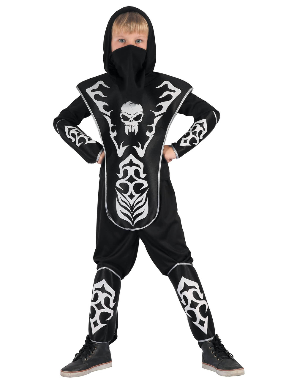 Ninja-Schädel-Kostüm für Jungen Schwarz mit silbernen Motiven