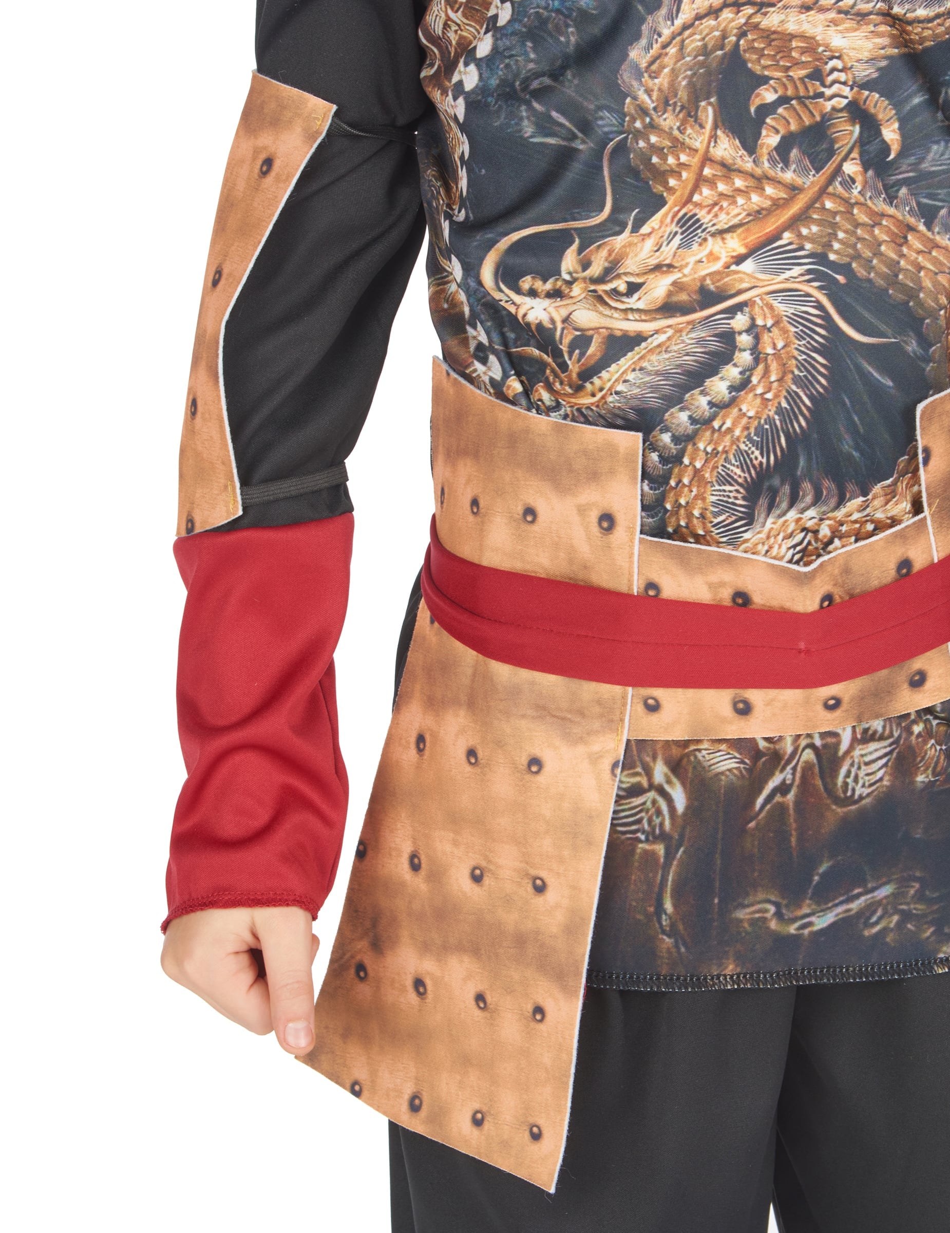 Détail de l'imprimé dragon et de l'armure du déguisement ninja traditionnel pour garçon