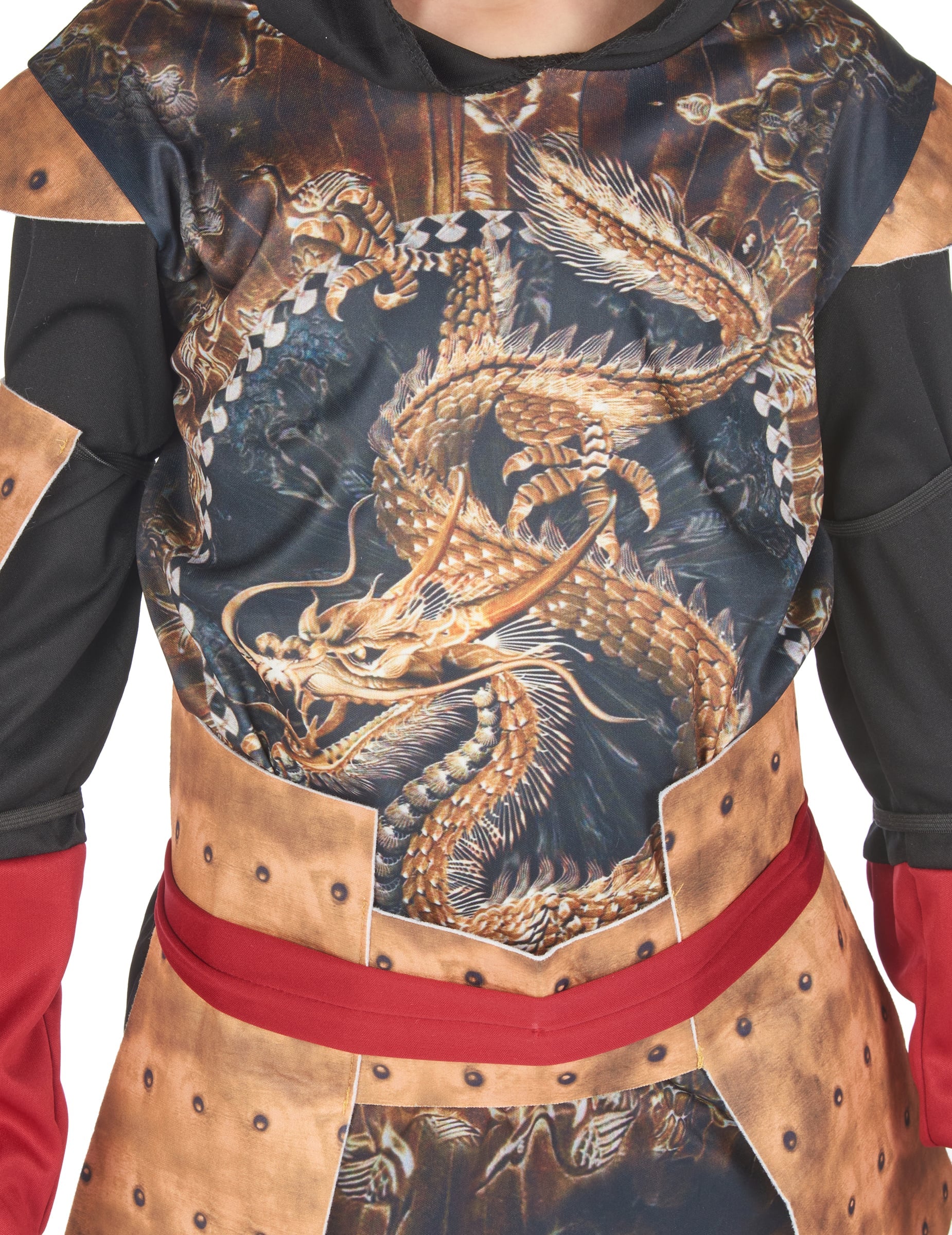 Gros plan sur l'imprimé dragon et la ceinture du déguisement ninja traditionnel pour garçon