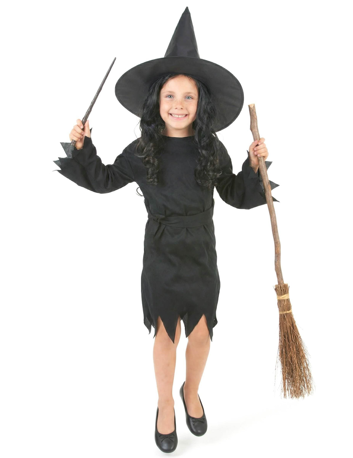 Vue de face avec accessoires du déguisement de sorcière Halloween pour fille