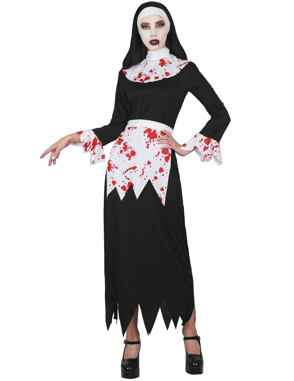 Kostüm einer blutverschmierten Nonne für Damen Black and White mit Blutflecken