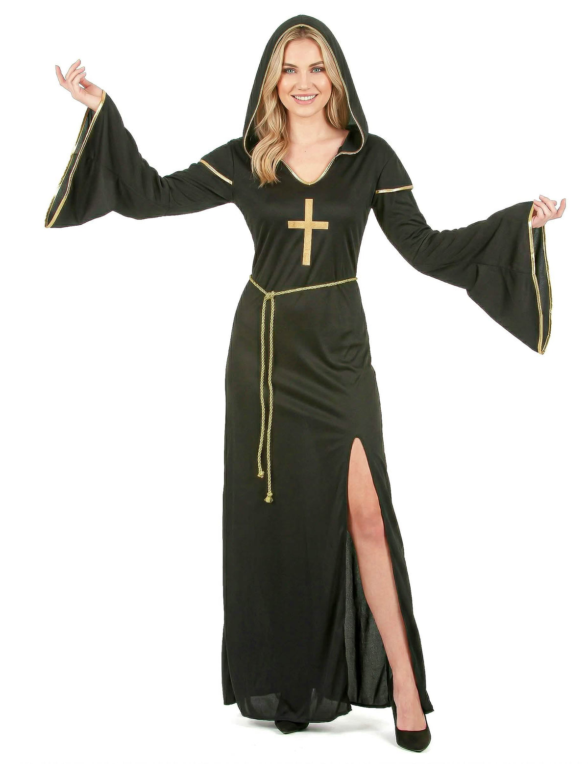 Gespaltenes Nonnenkostüm für Damen Schwarz und Farbe Gold mit Kapuze und Kreuz