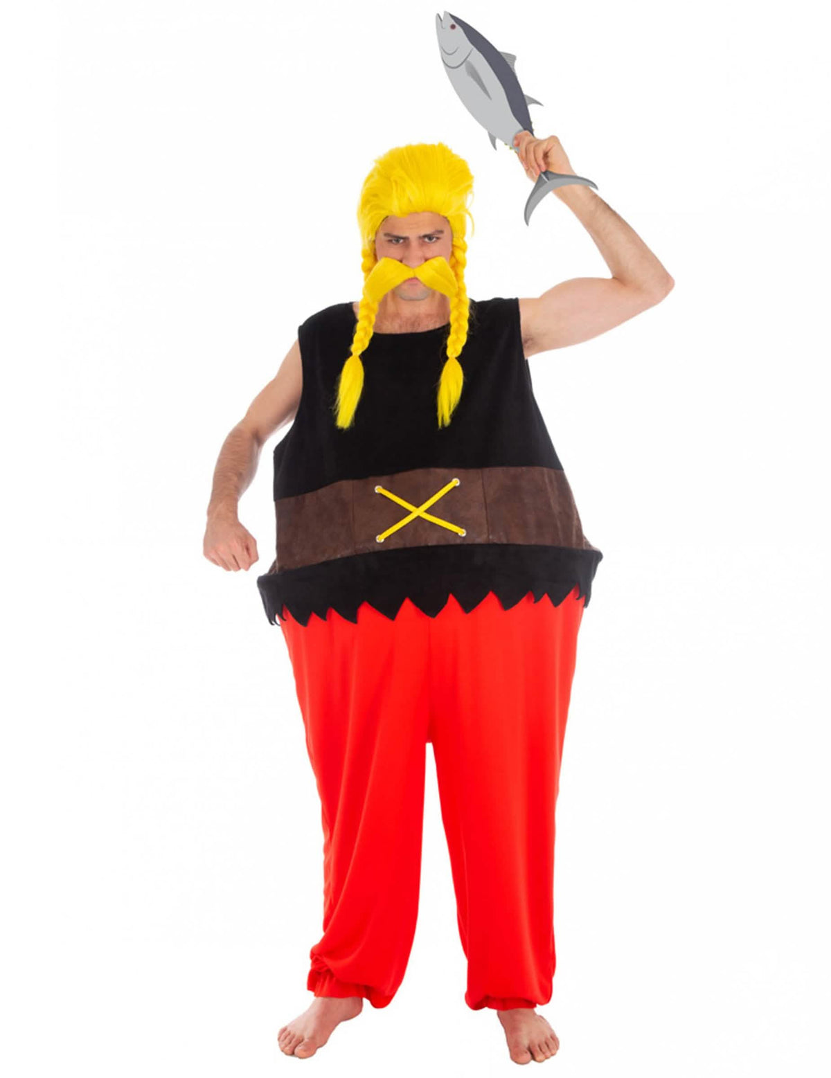 Verkleidung Ordralphabetix Asterix und Obelix™ für Erwachsene Schwarz und Rot mit blonder Perücke und Fisch