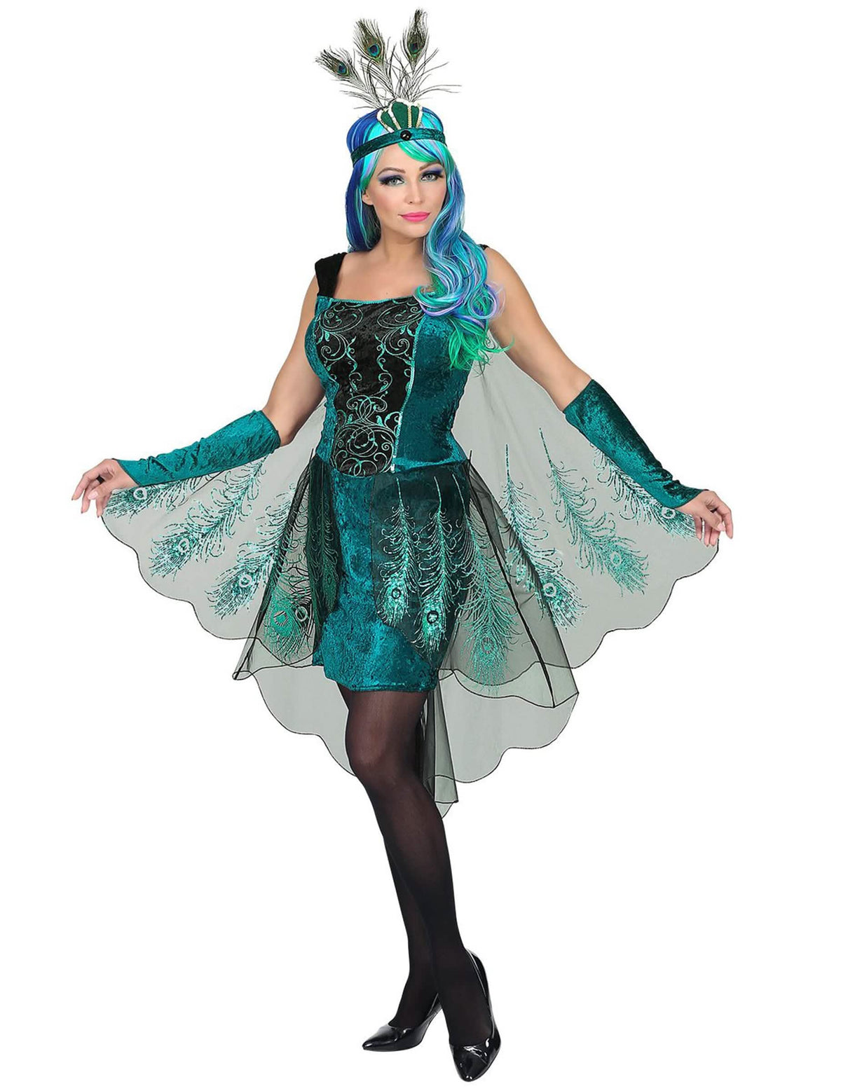 Déguisement de paon majestueux pour femme vert et bleu avec plumes et serre-tête