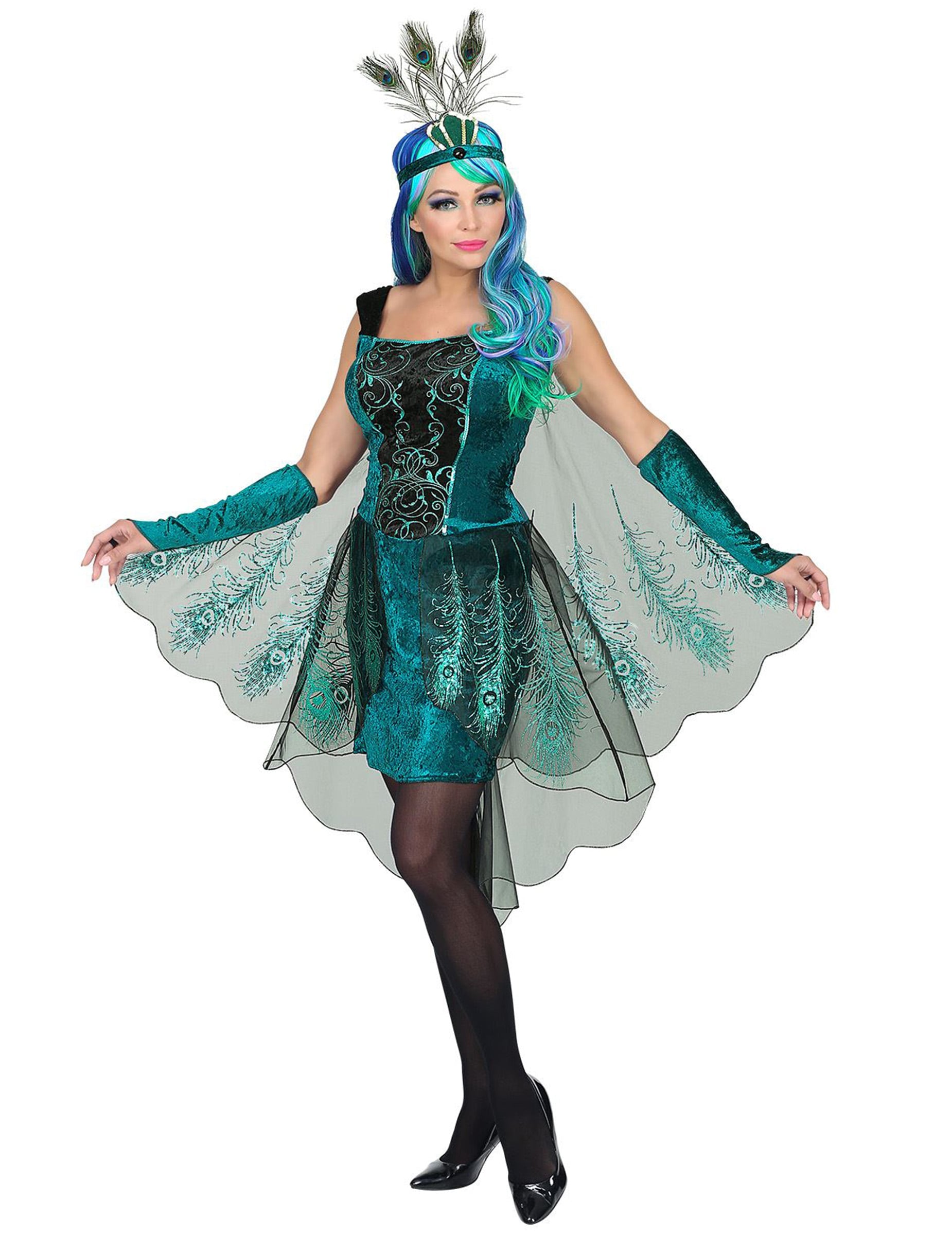 Déguisement de paon majestueux pour femme vert et bleu avec plumes et serre-tête