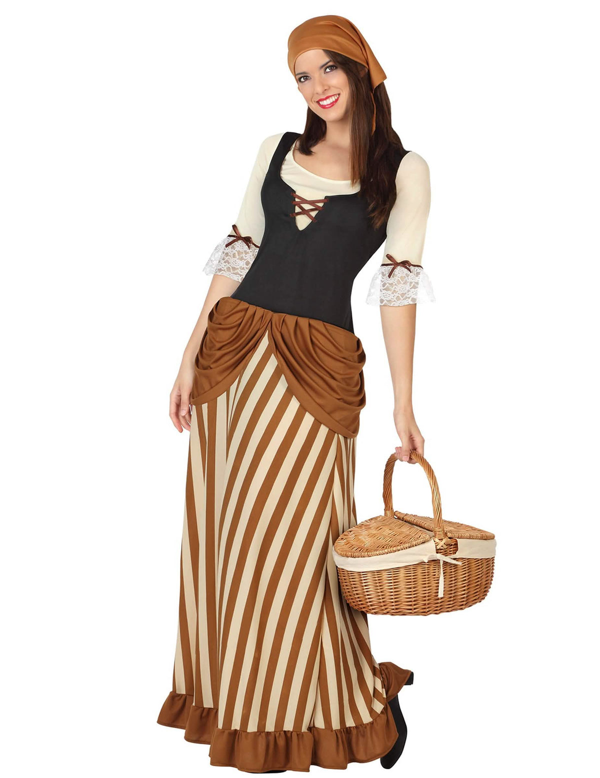 Bauernkostüm für Damen Braun und Beige mit Streifen und schwarzem Bustier