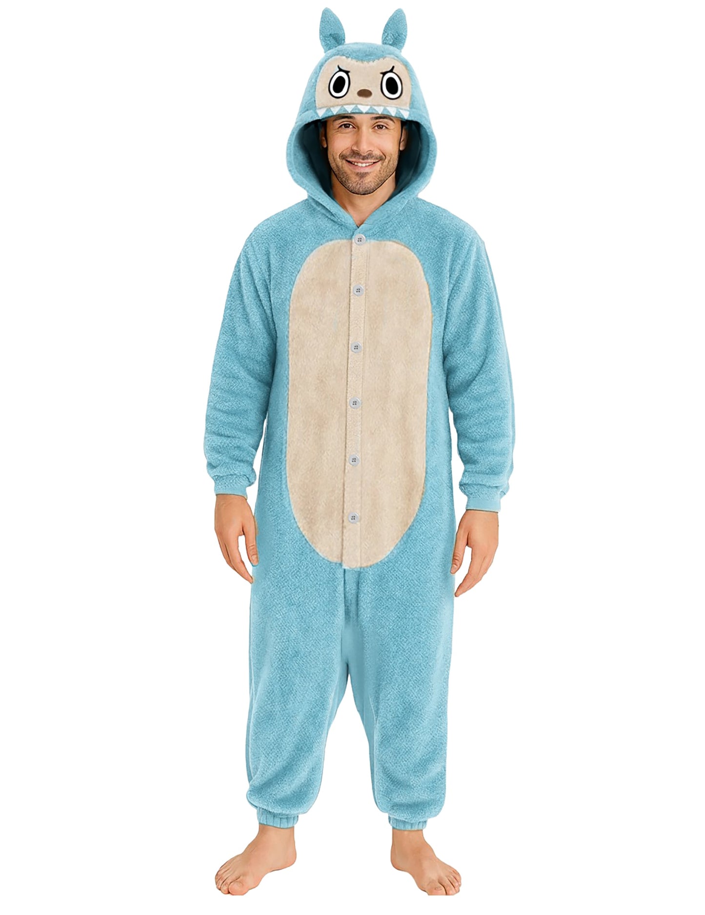 Déguisement peluche monstre pour homme bleu avec capuche à oreilles