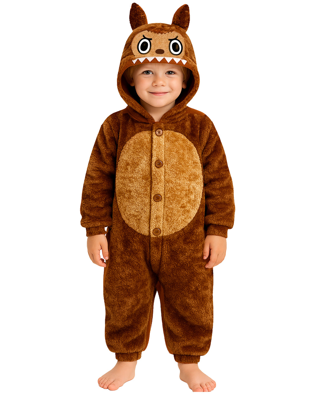 Déguisement peluche monstre pour enfant marron avec capuche à oreilles et dents