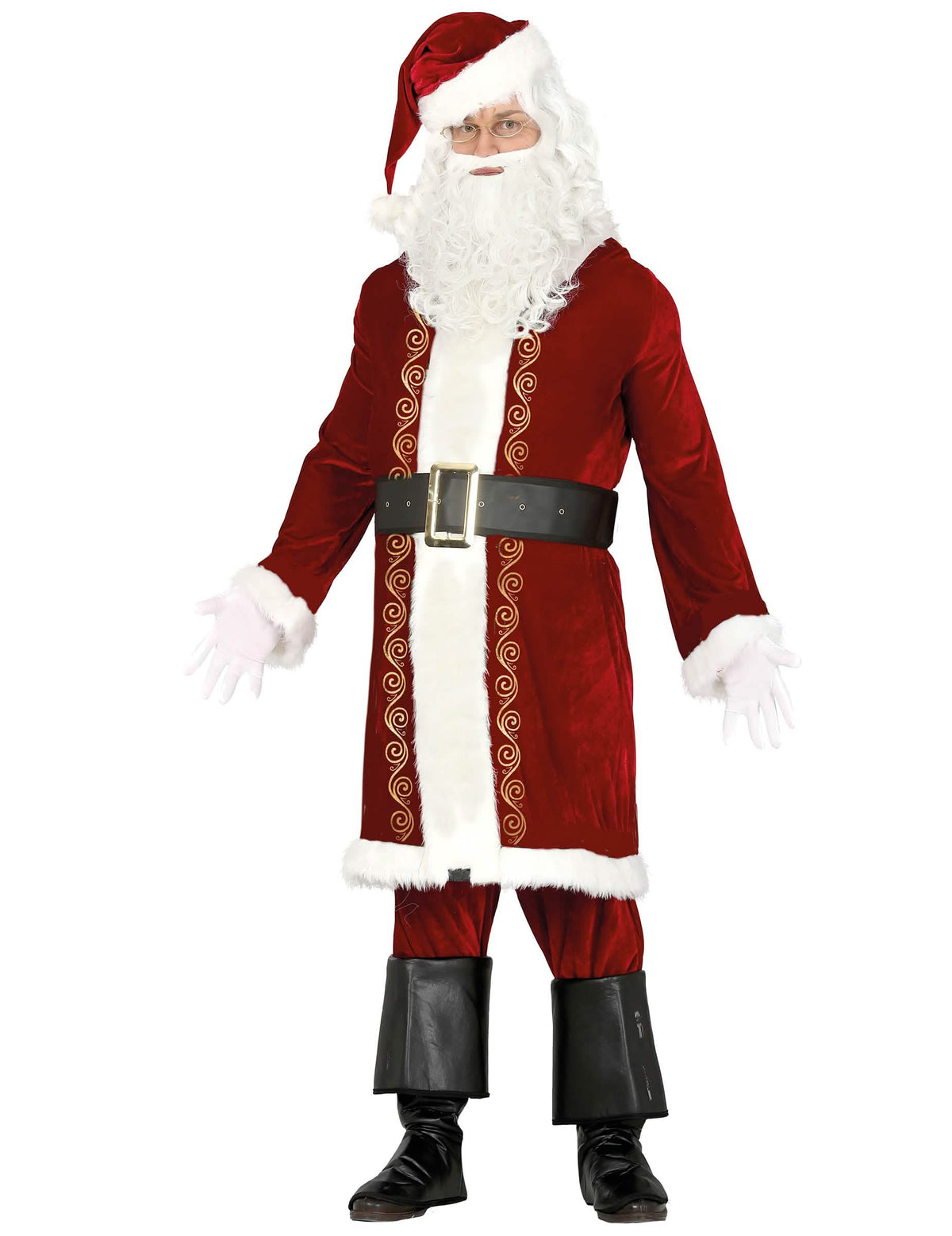 Schickes Weihnachtsmann-Kostüm mit Goldverzierungen für Herren, Rot und Weiß mit goldenen Motiven