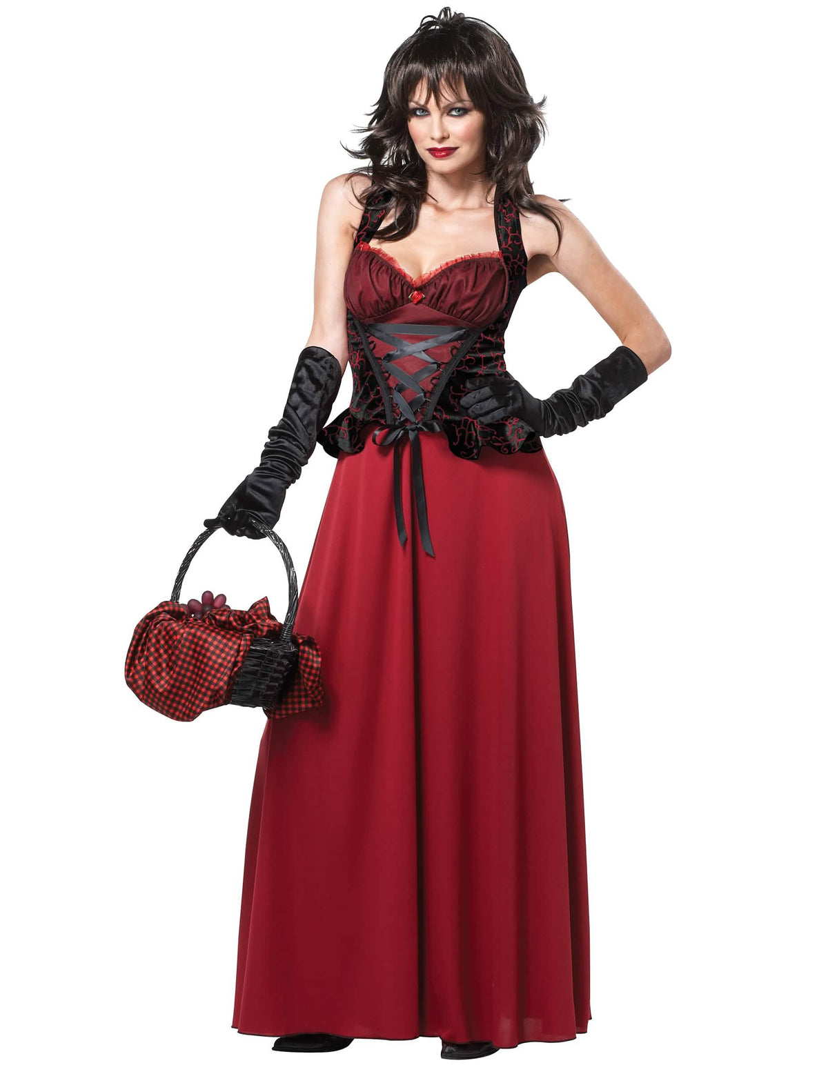 Détail du bustier et du panier du déguisement de Petit Chaperon Rouge maléfique