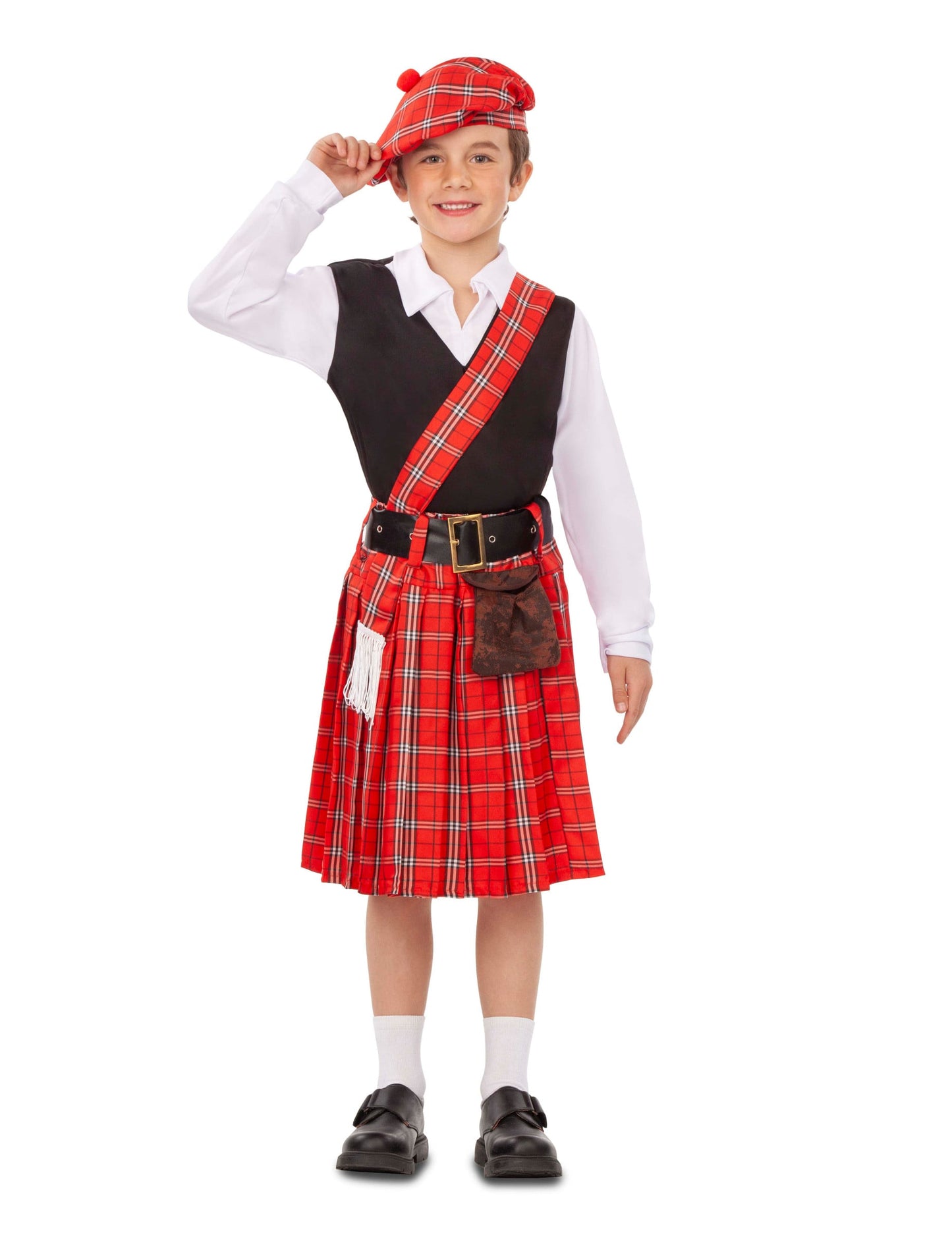 Déguisement petit Écossais pour garçon rouge à carreaux avec kilt et béret