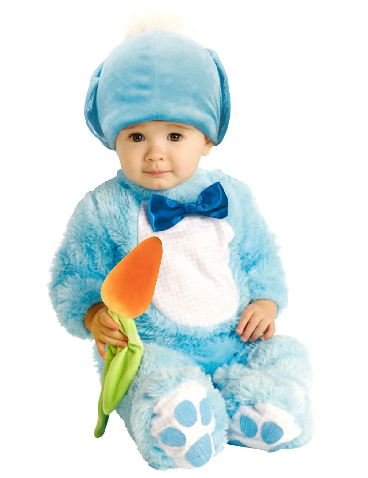 Déguisement petit lapin pour bébé bleu avec nœud papillon et carotte