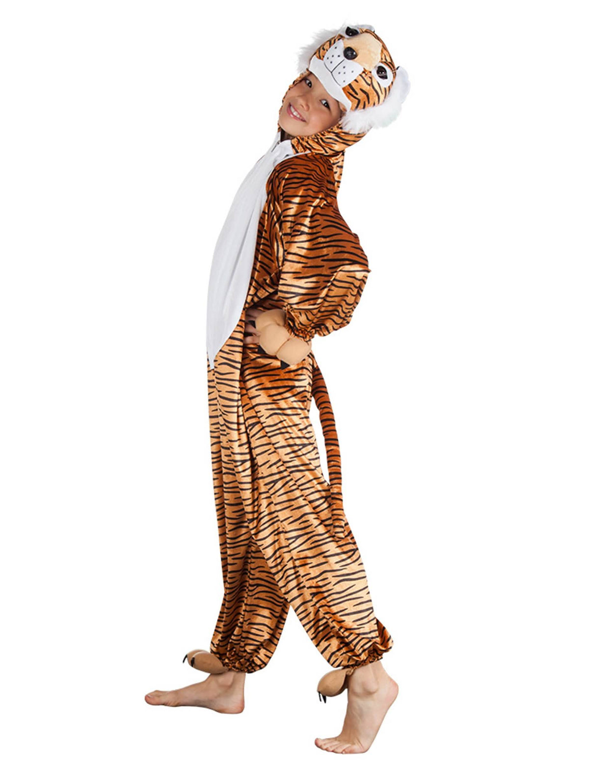Kleines Tiger-Kostüm für Kinder orange und Schwarz mit Kapuze und Schwanz