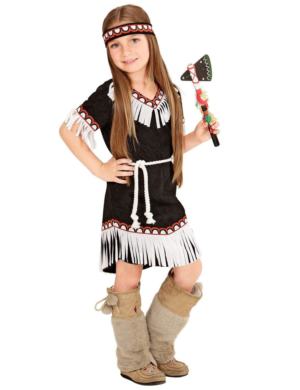 Indianer-Kostüm für Mädchen Schwarz mit weißen Fransen