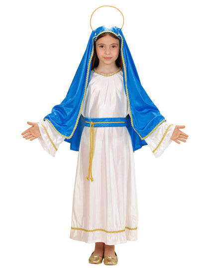 Déguisement de petite Marie pour fille blanc et bleu avec voile et auréole