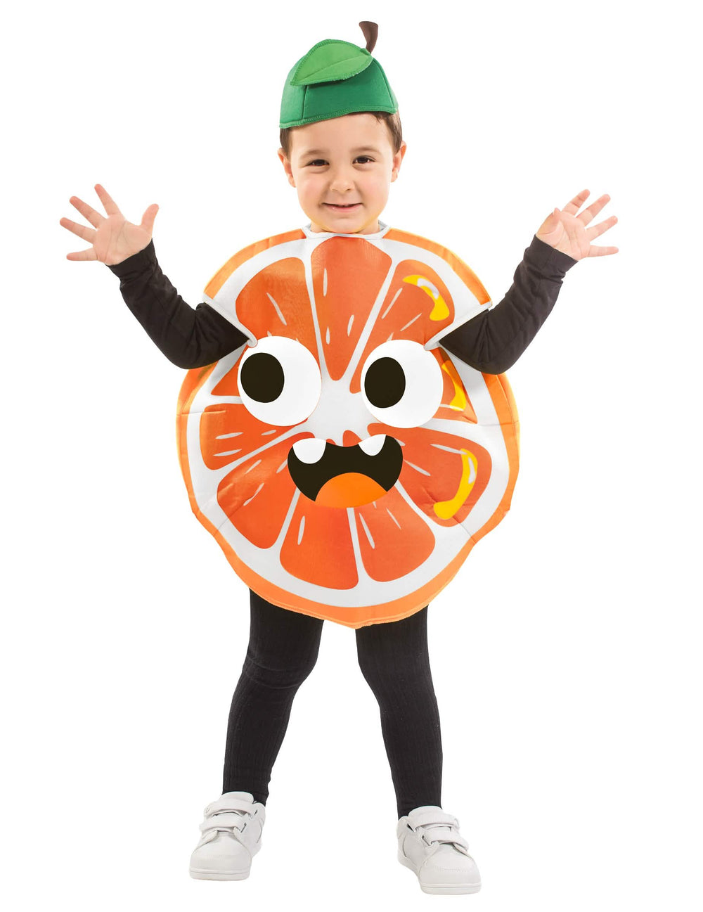 Verkleidung als kleine orange für Kinder orange mit lustigem Gesicht und Grünem Hut