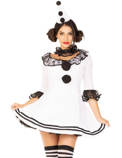 Vue de face du déguisement de pierrot sexy pour femme