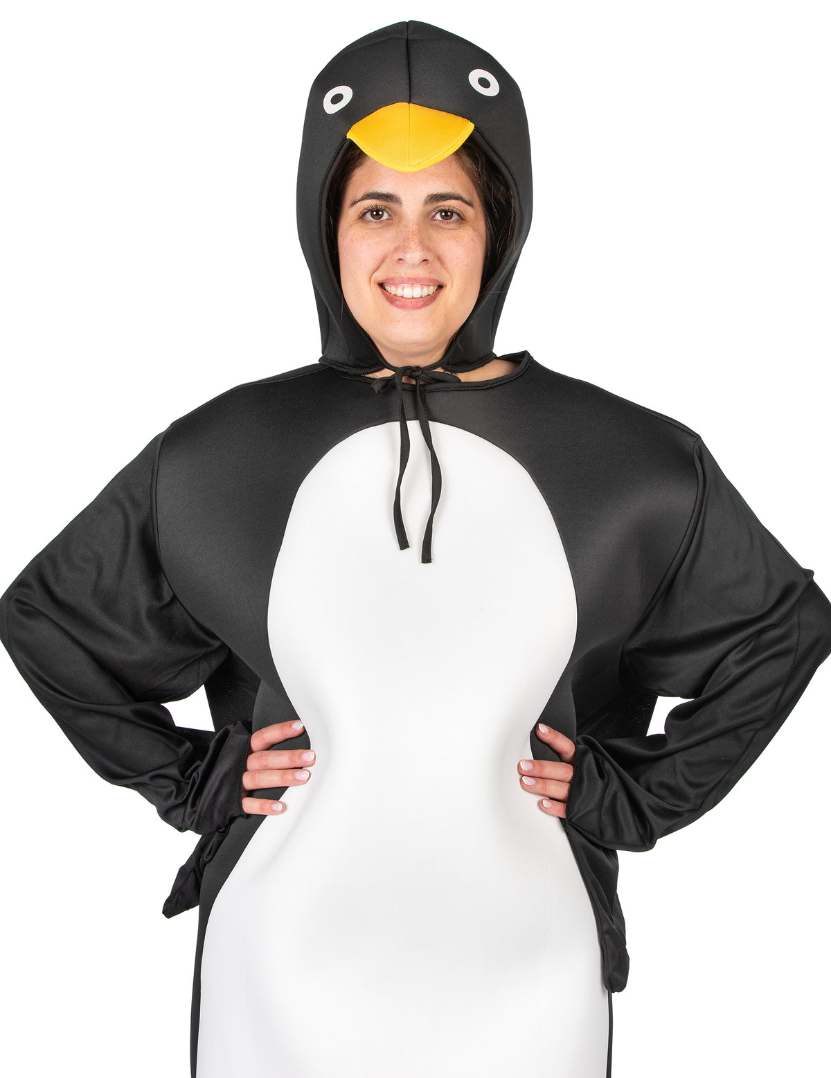 Gros plan sur la capuche à tête de pingouin du déguisement de pingouin pour adulte
