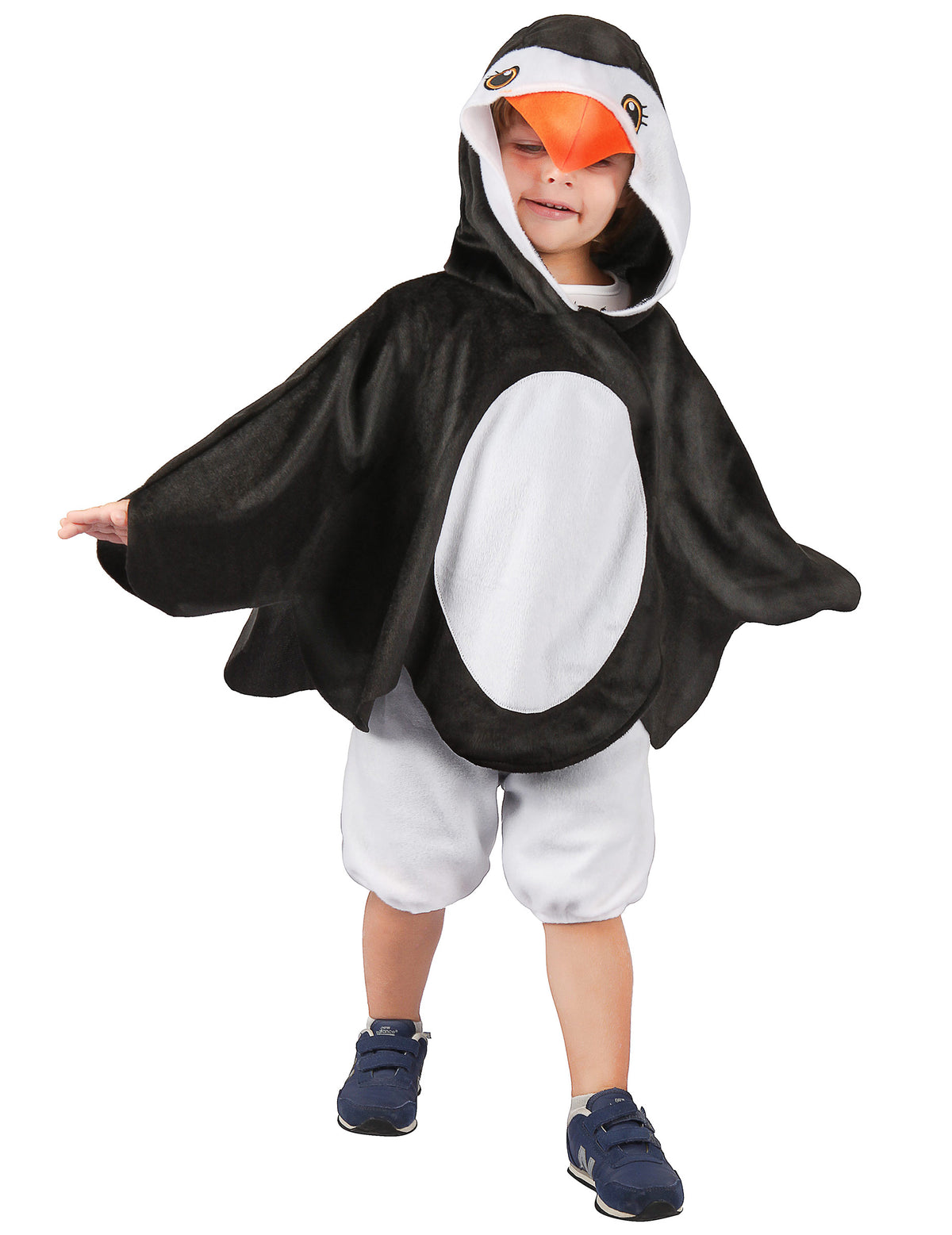 Déguisement de pingouin pour enfant noir et blanc avec capuche à bec orange