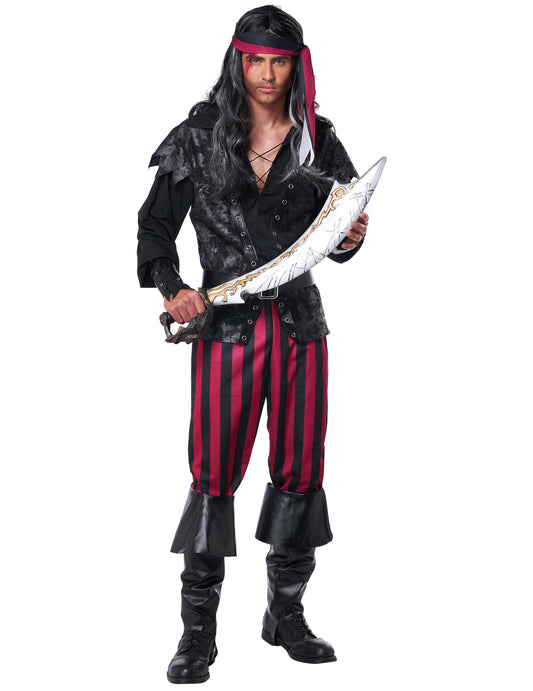 Sabre de pirate tenu par le modèle du déguisement pirate à rayures