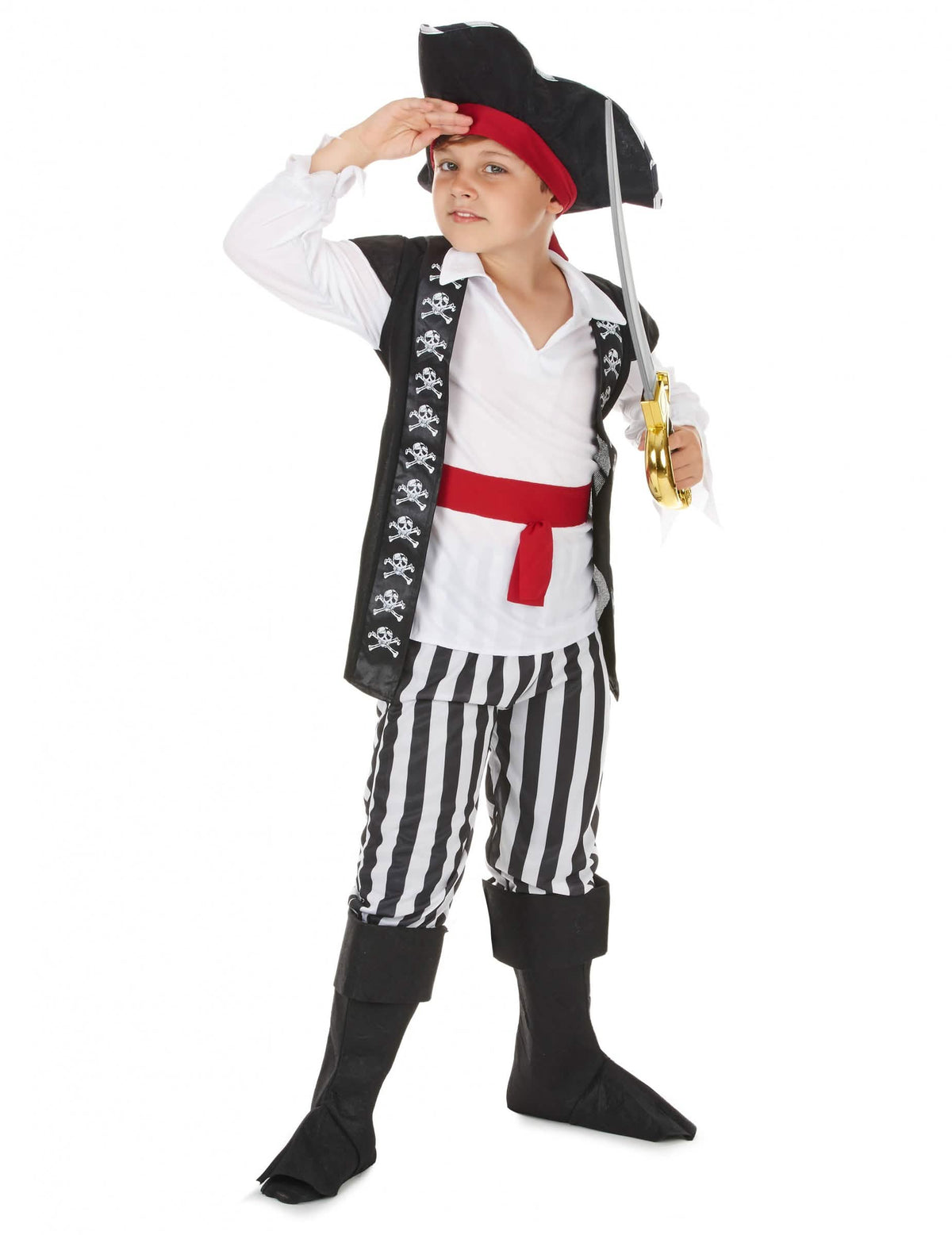 Überblick mit Hut und Schwert des Piratenkostüms für Jungen mit schwarzen und weißen Streifen