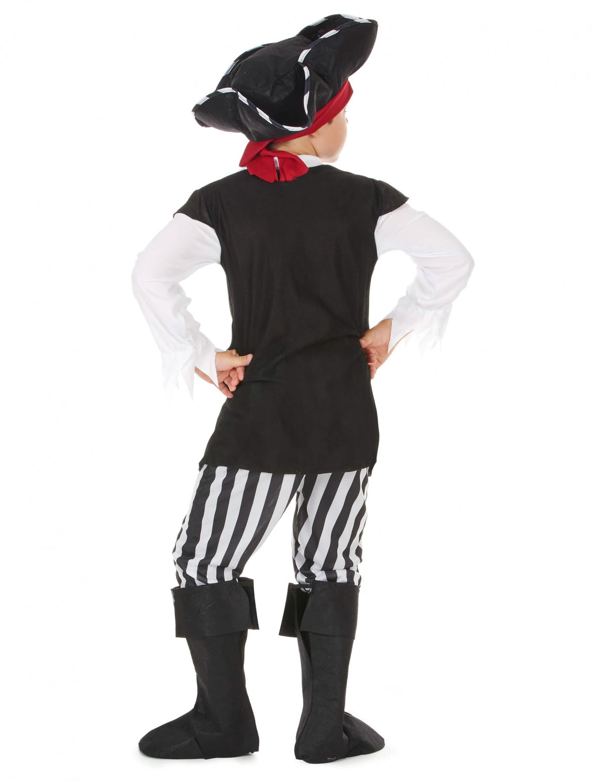 Rückansicht des Piratenkostüms für Jungen mit schwarzen und weißen Streifen