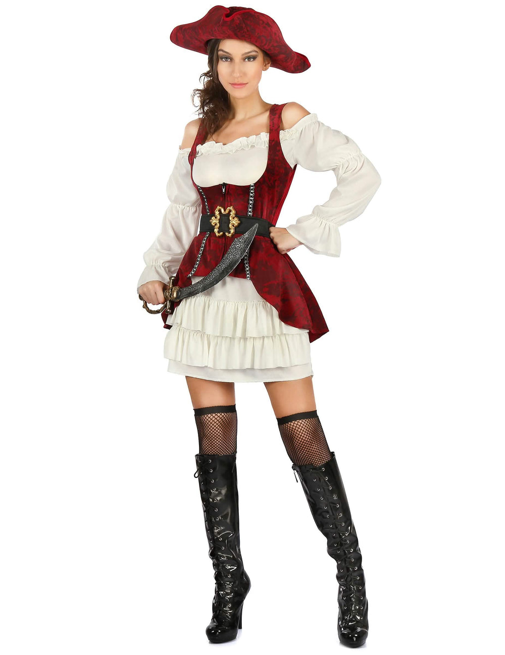 Déguisement pirate pour femme blanc et rouge avec chapeau