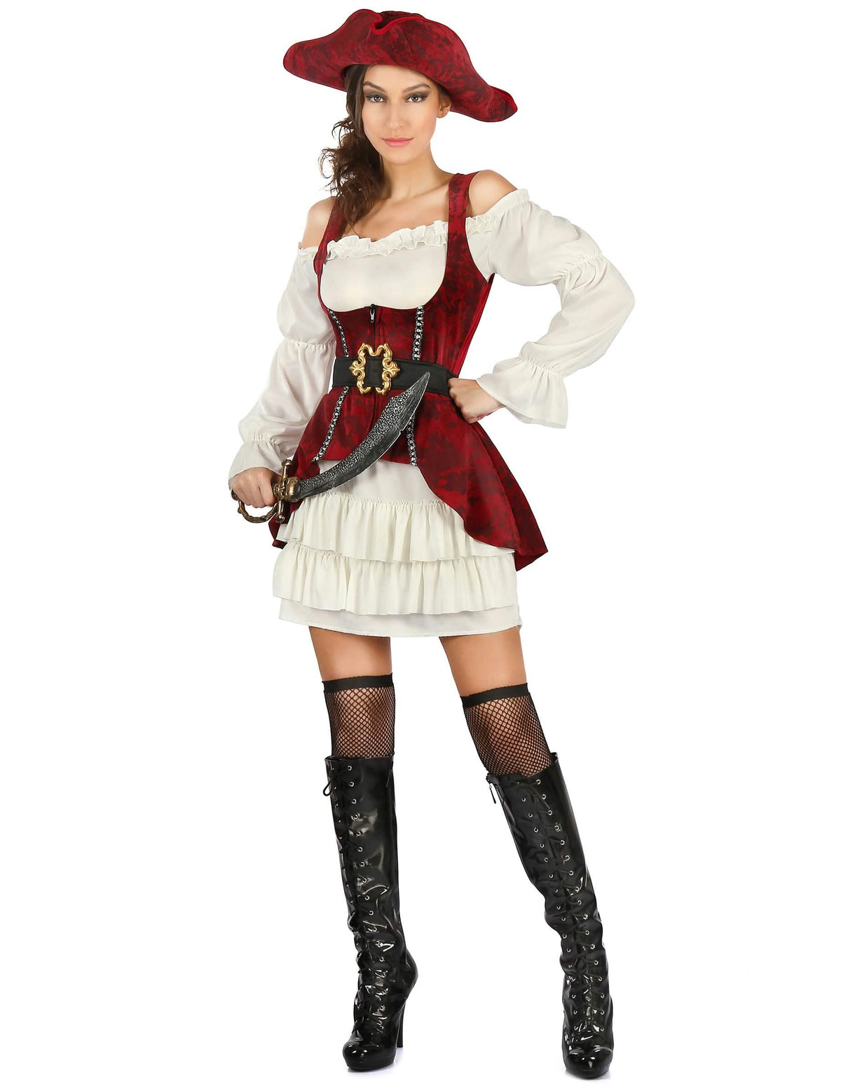 Déguisement pirate pour femme blanc et rouge avec chapeau