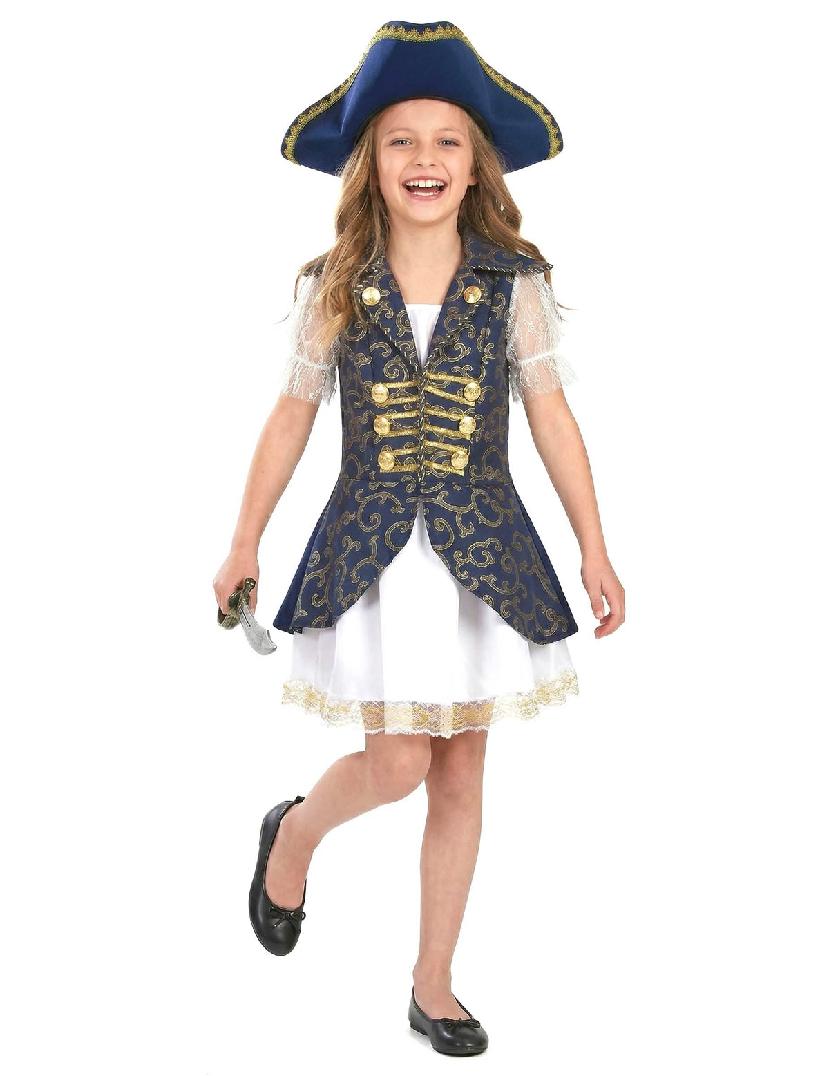 Déguisement de pirate pour fille bleu foncé avec chapeau et dorures