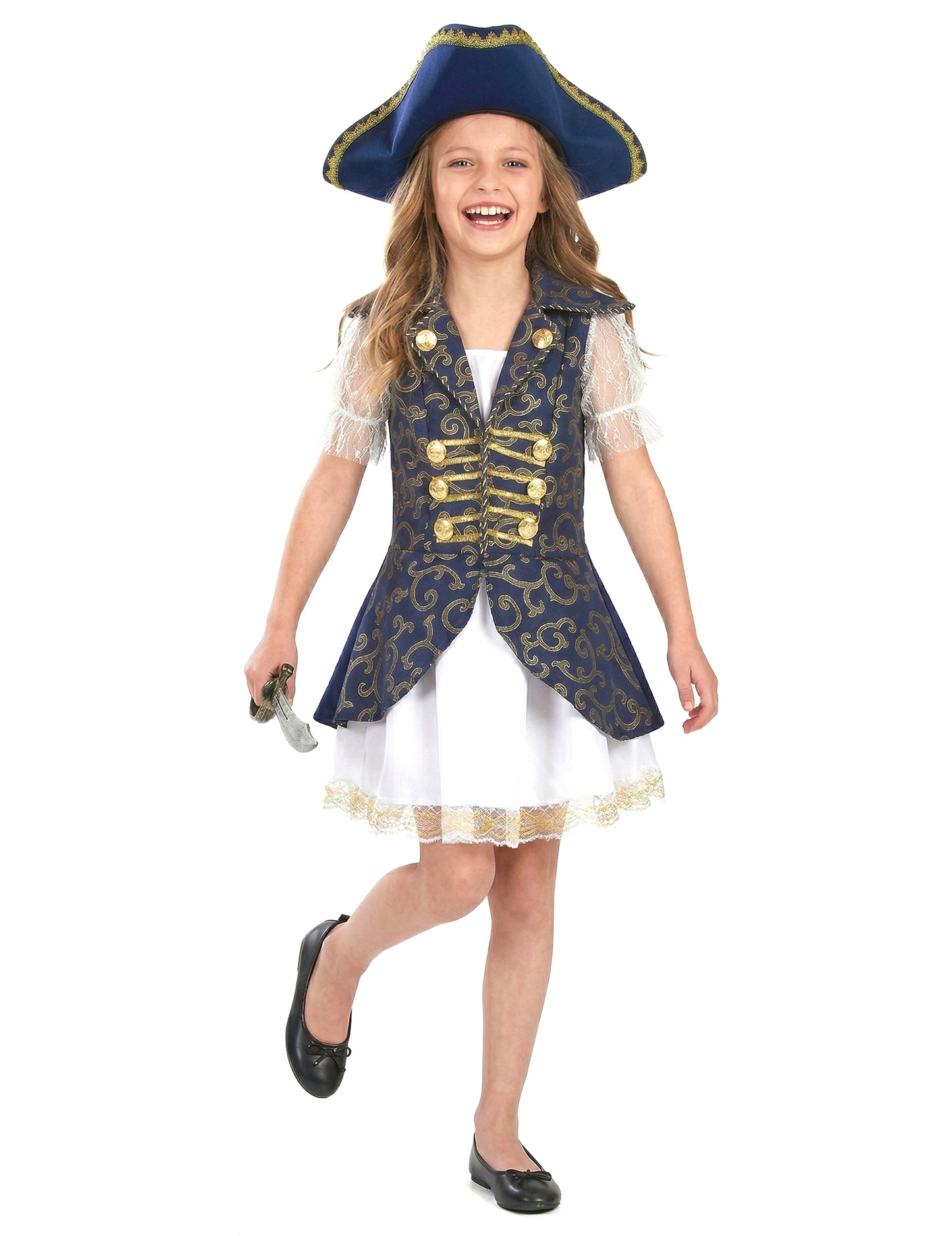 Déguisement de pirate pour fille bleu foncé avec chapeau et dorures