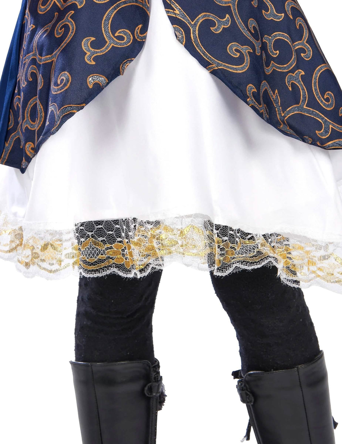 Détail de la dentelle dorée du bas du déguisement de pirate pour fille