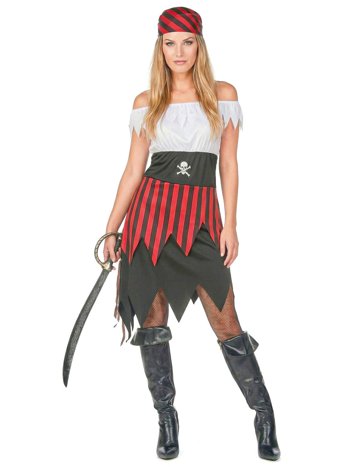 Freibeuterin-Kostüm mit Fransen für Damen schwarz-weiss-rot