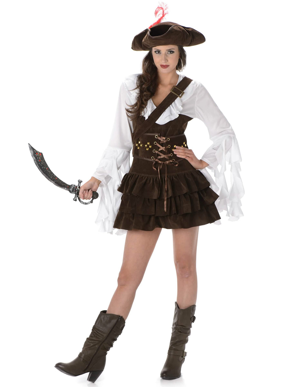 Piratenkostüm mit Chamoisleder-Effekt für Damen Braun und Weiß mit Hut