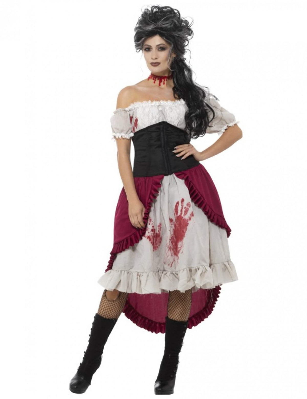 Déguisement pirate fantôme ensanglantée pour femme bordeaux et noir avec taches de sang