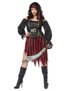 Déguisement de pirate luxe pour femme noir et bordeaux avec jupe rayée