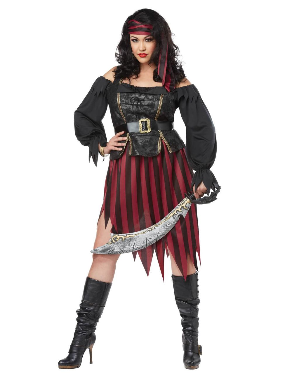 Luxus-Piratenkostüm für Damen Schwarz und bordeaux mit gestreiftem Rock