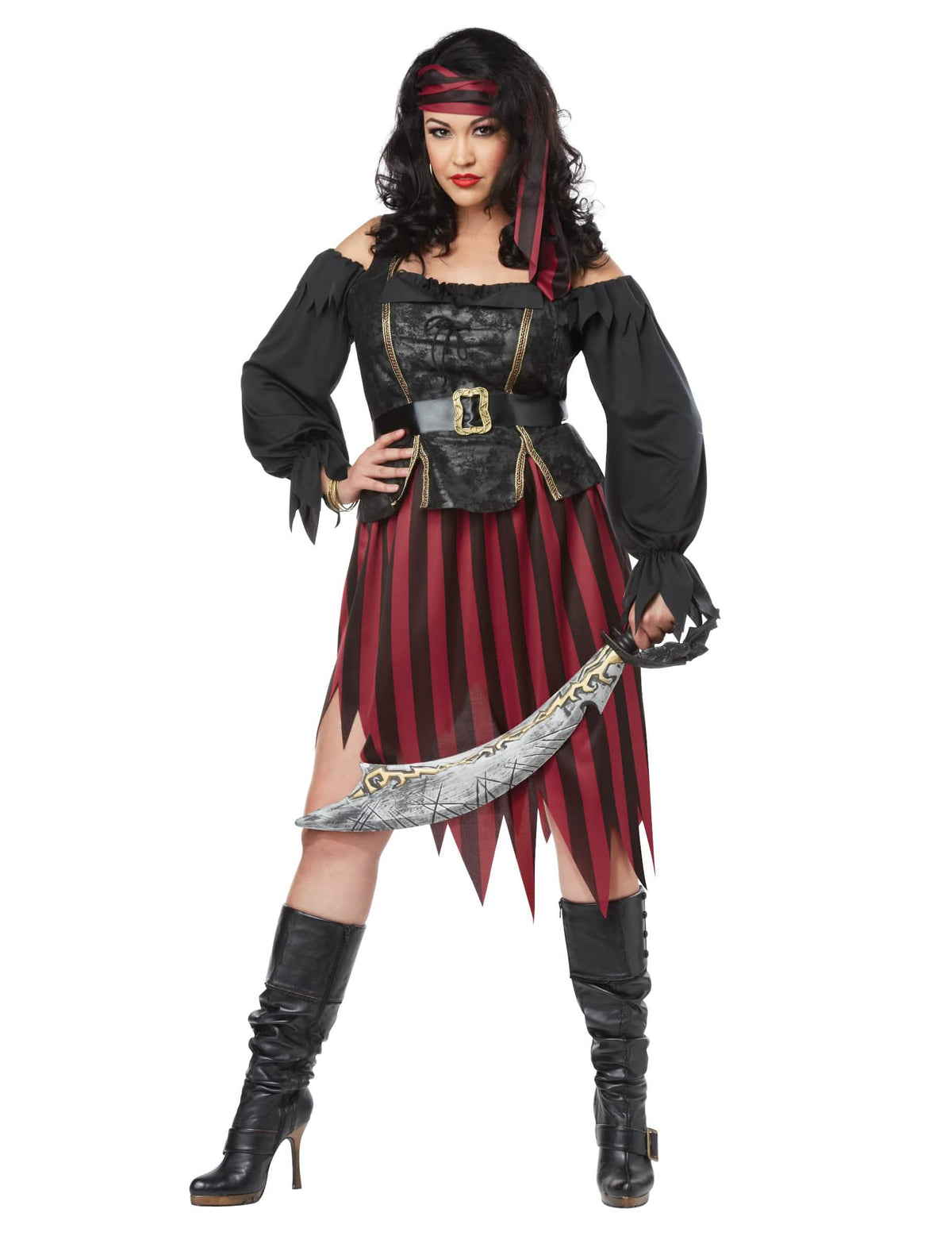Luxus-Piratenkostüm für Damen Schwarz und bordeaux mit gestreiftem Rock