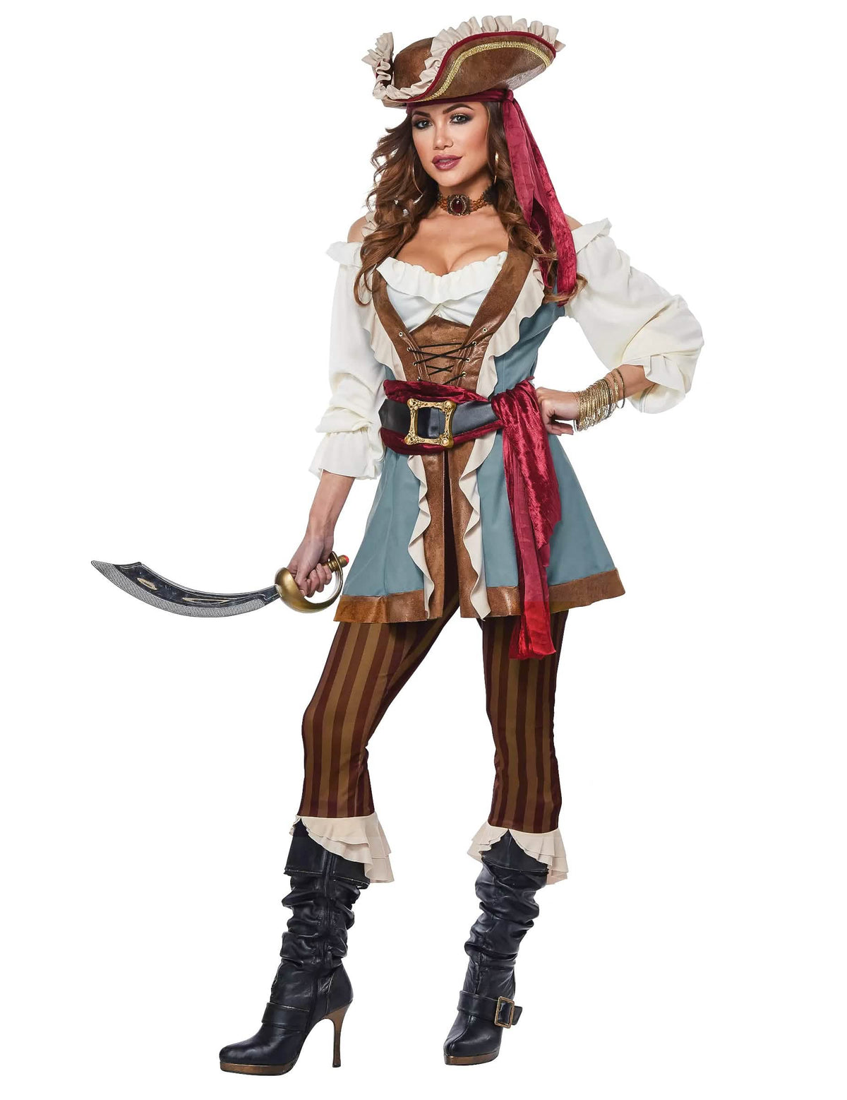 Luxus-Piratenkostüm für Damen Blau und Braun mit Hut und Säbel