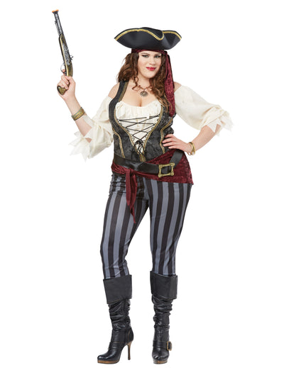 Luxuriöses Piratenkostüm für Damen in Schwarz, Weiß und Bordeaux mit gestreifter Hose