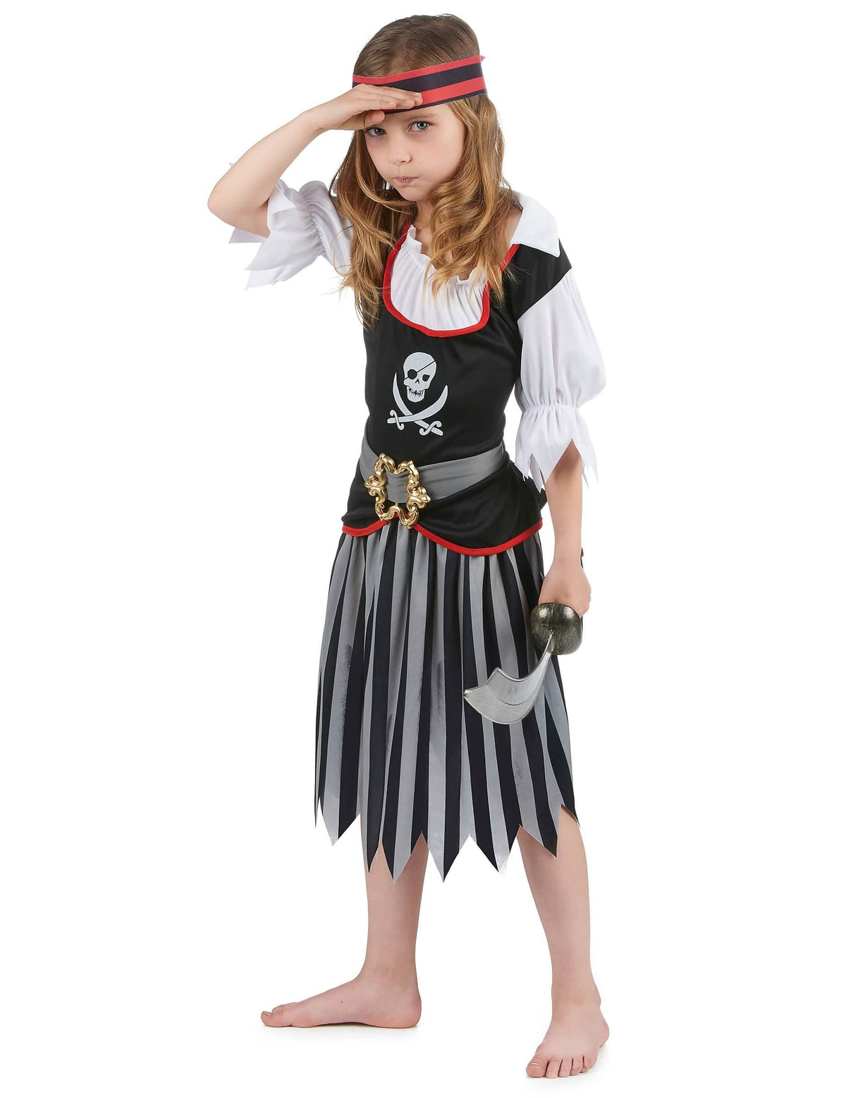 Seitenansicht des Piratenkostüms mit Totenkopf-Motiv für Mädchen