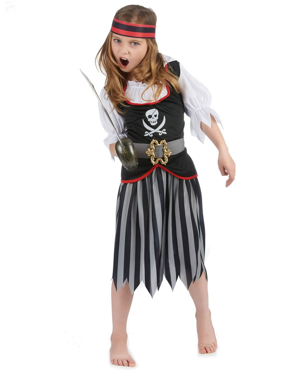 Piratenkostüm mit Totenkopfmuster für Mädchen Schwarz und Farbe Grau mit rotem Stirnband