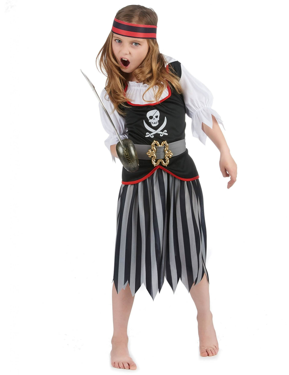 Piratenkostüm mit Totenkopfmuster für Mädchen Schwarz und Farbe Grau mit rotem Stirnband