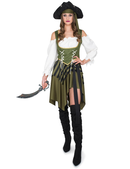 Vue de face du déguisement de pirate flibustière pour femme