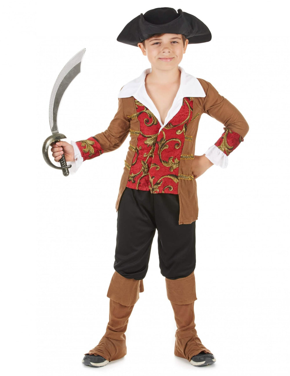 Piratenkostüm für Jungen Braun und Schwarz mit Rotem Gilet und Hut