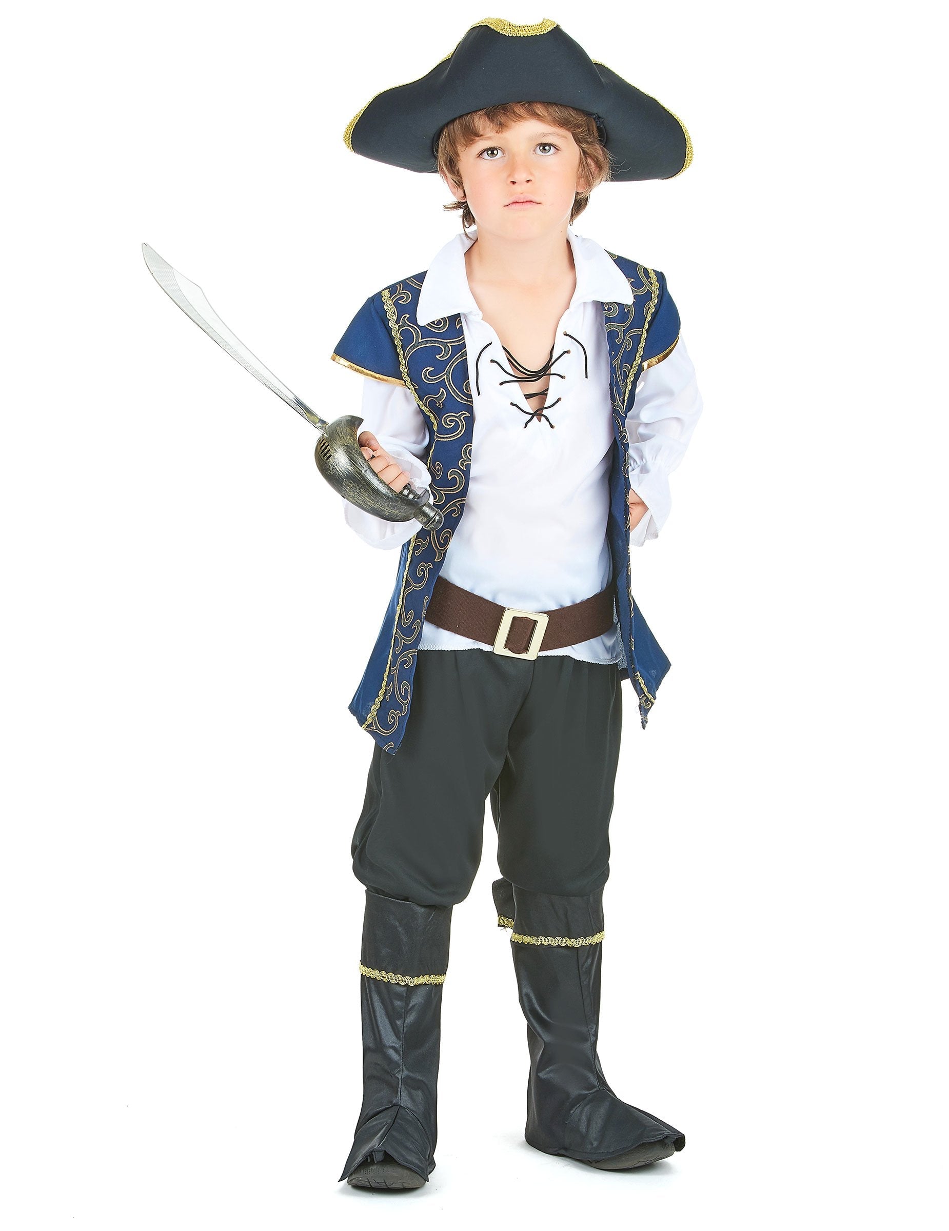 Vue de face de la tenue garçon du déguisement de couple capitaines pirates chic pour enfants