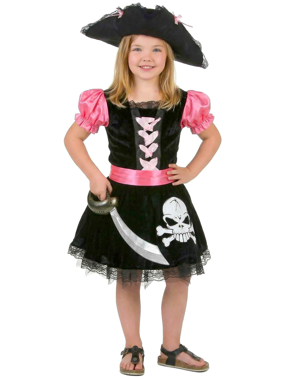 Déguisement pirate girly pour fille noir et rose avec chapeau et tête de mort