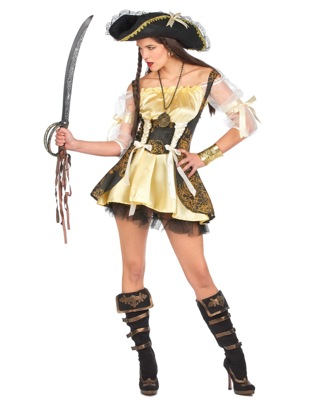 Piratenkostüm für Damen Gelb und Schwarz mit Hut