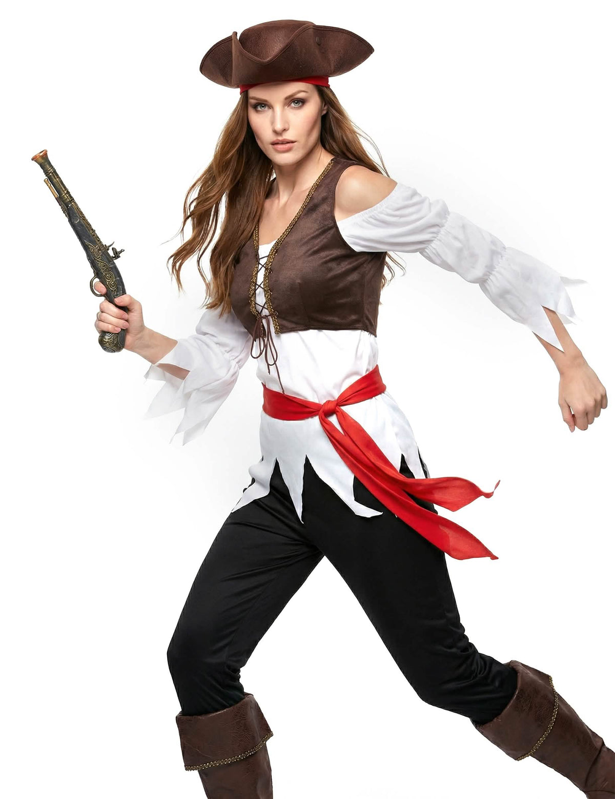 Déguisement de pirate pour femme marron et blanc avec chapeau